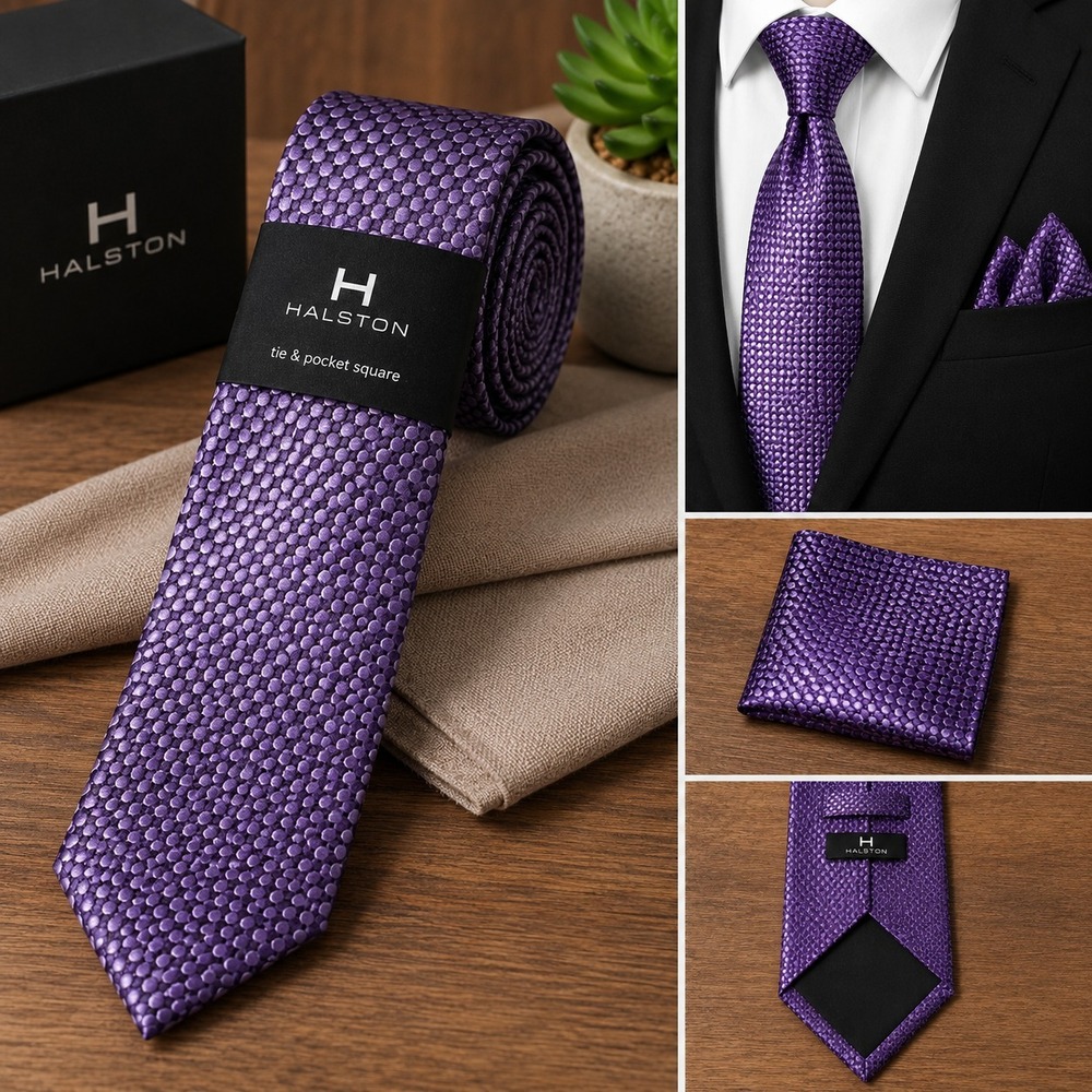 Halston Tie and Pocket Square Set Purple Texured Dot Silk Blend